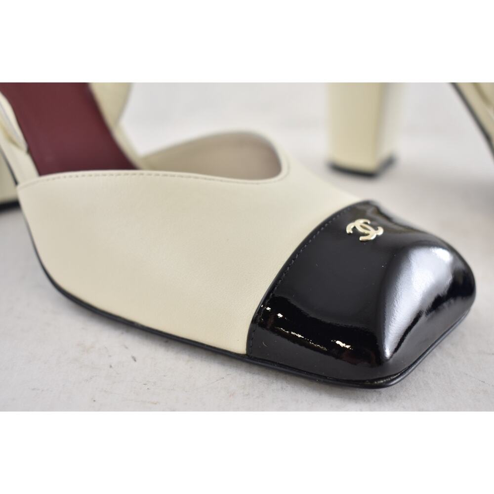 Chanel 26S Blazy Ivory Black Square Toe Sling CC Slingback Block Heel Pump 40 - Picture 8 of 16